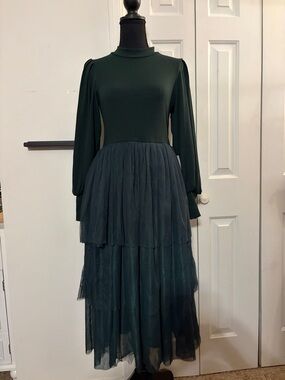 Ivy City Co Cosette Midi Dress in Forrest Green Tiered Tulle Skirt